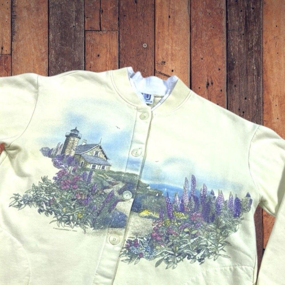 Vintage 90s Art Unlimited Cardigan Sweater Womens LARGE Lupin Nature Beach House